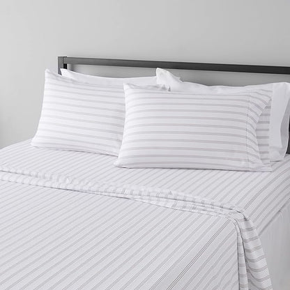 Amazon Basics Lightweight Super Soft Easy Care Microfiber 4 Piece Bed Sheet Set with 14-Inch Deep Pockets, Queen, Taupe Stripe, Striped