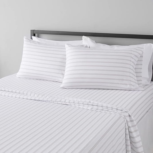 Amazon Basics Lightweight Super Soft Easy Care Microfiber 4 Piece Bed Sheet Set with 14-Inch Deep Pockets, Queen, Taupe Stripe, Striped