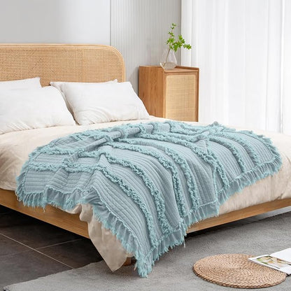 Ultra Soft Pre-Washed Warm Quilted Throw Blanket, Ruffle Fringed Blue Green Boho Decorative Throw, Stone Washed Chic Rustic Blanket for Sofa Couch Bed Chair, 50"x 60"