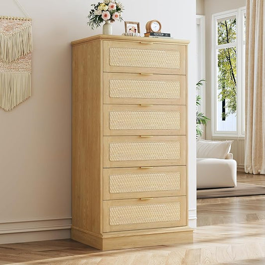6 Drawer Tall Dresser for Bedroom, 50 Inch Tall Dressers & Rattan Chest of Drawers, Boho Style, Wood Modern Dressers Organizer for Bedroom, Living Room, Hallway, Entryway, Natural Oak
