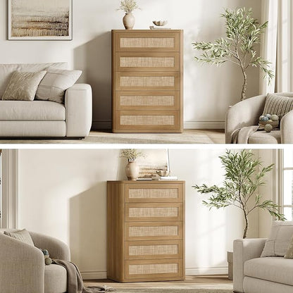 SICOTAS Tall Dresser for Bedroom - Rattan 5 Drawer Dressers Chest of Drawers with Push-to-Open Design, Modern Extra Deep Clothes Dresser with Large Storage for Closet, Living Room, Amber Oak, 2PCS