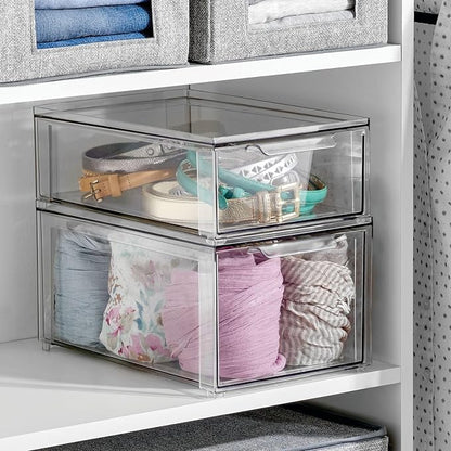 mDesign Plastic Storage Box with Drawer – Low Plastic Shoe Storage Bin – Stackable Box for Accessories etc. – Pack of 2 – Transparent