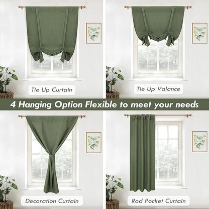 DriftAway Double Layer Linen Blackout Tie Up Curtains Thermal Insulated Fully Lined Balloon Roman Shade Bathroom Window Adjustable Rod Pocket for Small Window 25 Inch by 47 Inch Olive Green