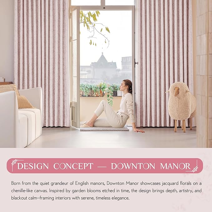 Beauoop Pink Floral Jacquard Blackout Curtains 63 Inches Long 2 Panels for Girls Bedroom Living Room Chenille Flower Room Darkening Thermal Soundproof Rod Pocket Back Tab Window Drapes, 52x63