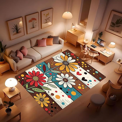 Machine Washable 3' x 5' Bohemian-Style Area Rug, Flowers Floor mat, Suitable for bedrooms, Girls' Room Bedside, Living Room, Dining Room, Office, Non-Slip Low-Pile Retro, Fashionable Carpet