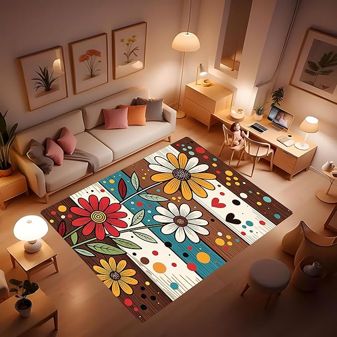 Machine Washable 5' x 7' Bohemian-Style Area Rug, Flowers Floor mat, Suitable for bedrooms, Girls' Room Bedside, Living Room, Dining Room, Office, Non-Slip Low-Pile Retro, Fashionable Carpet