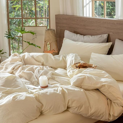 MooMee Wavy Striped Duvet Cover Set 100% Washed Cotton Linen Like Textured Breathable Durable Soft Comfy (Cream White, Super Queen 90"x98")