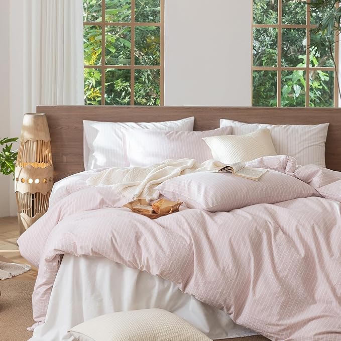 MooMee Striped Duvet Cover Set 100% Washed Cotton Linen Like Textured Breathable Durable Soft Comfy (Heathered Greyish Pink White Wide Stripes, Twin 68"x90")