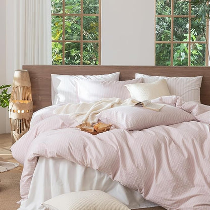 MooMee Striped Duvet Cover Set 100% Washed Cotton Linen Like Textured Breathable Durable Soft Comfy (Heathered Greyish Pink White Wide Stripes, Twin 68"x90")