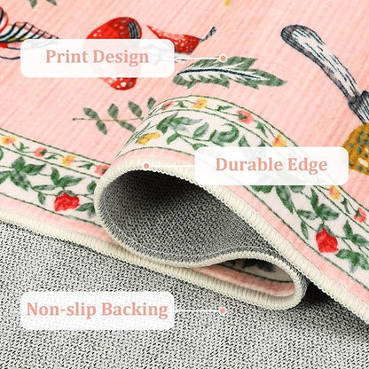 Mushroom Insect Washable Rug 5x7 Area Rugs for Bedroom Non Slip with Rubber Back Low Pile Stain Resistant Modern Butterfly Carpet for Living Room Nursery Kitchen Dining Room Light Pink