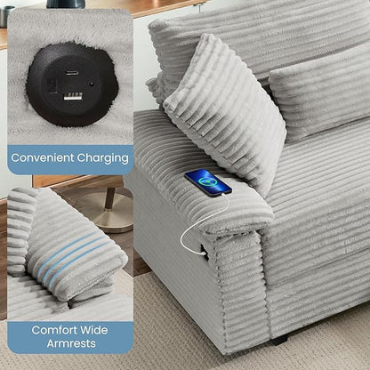 SUNWAVE 74" Double Chaise Lounge Chair Indoor, Oversized Loveseat with Removeable Ottoman, Corduroy Couch with USB Charging, Storage Ottoman, and Coffee Table Cushions for Living Room (2 Chaise Gray)