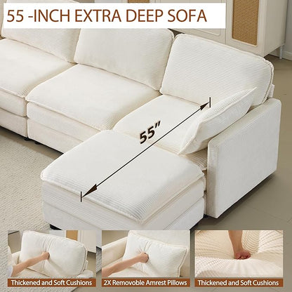 Plush Cloud 3-Seater Sofa with 2 Footstools and Beige Chenille Cushions, Modular 4-Seater Sofa for Small Space Apartment Living Room Bedroom