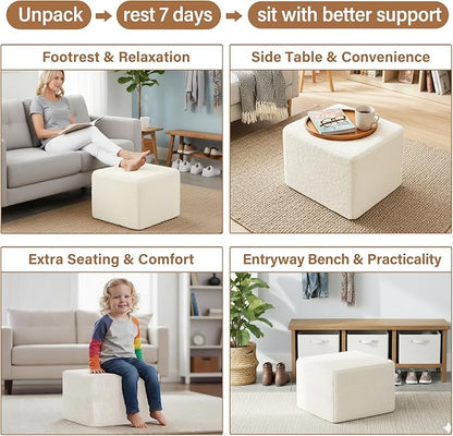 Tiita Square Stuffed Pouf Ottoman, Plush Poufs with Foam Chunk Filling, Foot Rest Stool for Living Room, Cream