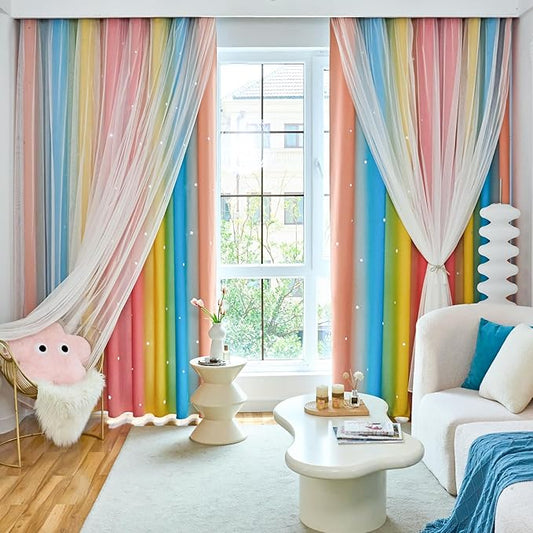 Star Curtains Blackout Curtains for Bedroom Cute Curtains Kids Curtains Rainbow Curtains, Curtains 63 Inches Long 2 Panels, Red & Yellow & Blue Curtains, 52 X 63 Inches