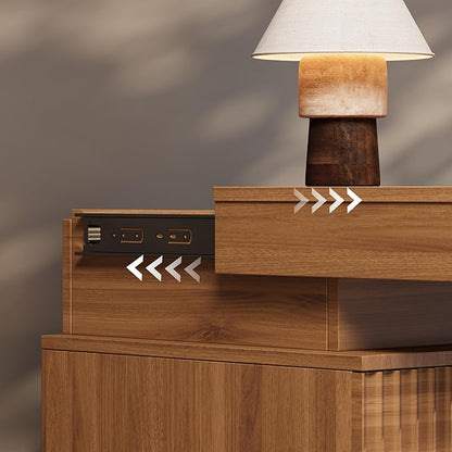 Nightstand Set of 2 for Bedroom, LED Nightstand with 3 Drawers and Charging Station, Mid Century Modern Fluted Nightstands, Bedside Tables & End Tables, Walnut