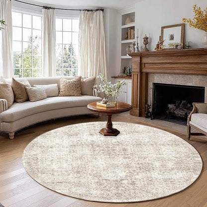 FMFUNCTEX 8ft Round Washable Area Rug Beige Vintage Neutral Distressed Large Non Slip Carpet for Living Room Bedroom Soft Low Pile Indoor Mat Retro Floral Throw Rug for Dining Kitchen Office Nursery