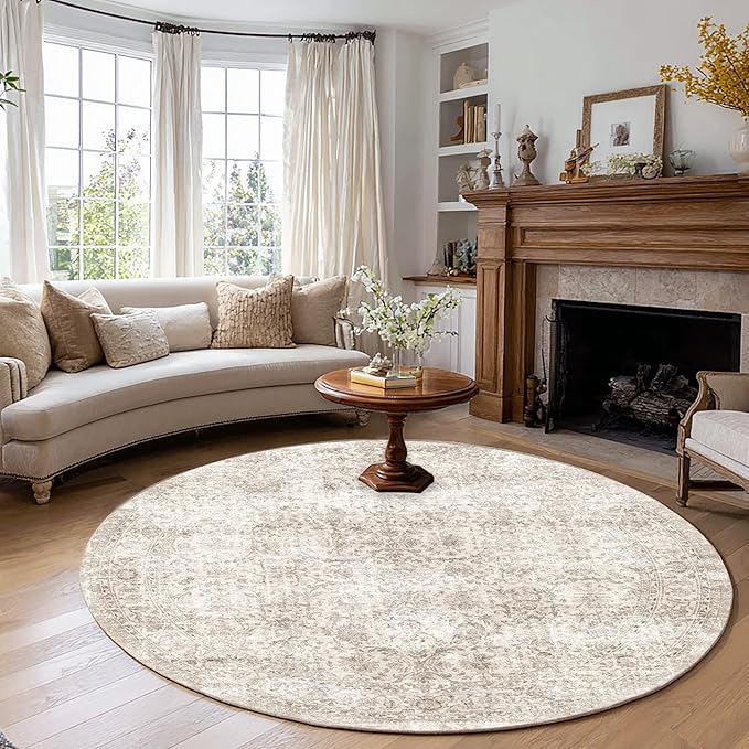 FMFUNCTEX 6ft Round Washable Area Rug Beige Vintage Neutral Distressed Non Slip Carpet for Living Room Bedroom Soft Low Pile Indoor Mat Retro Floral Throw Rug for Dining Room Office Nursery Entry
