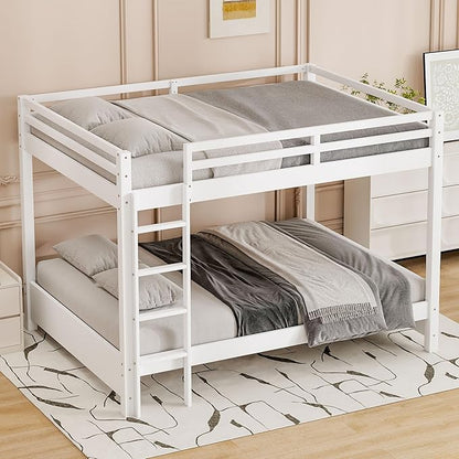 Bellemave Queen Over Queen Size Bunk Bed for Kids/Adults,Solid Wood Bunk Bed Frame Queen Size with Ladder & Safety Guardrails,White