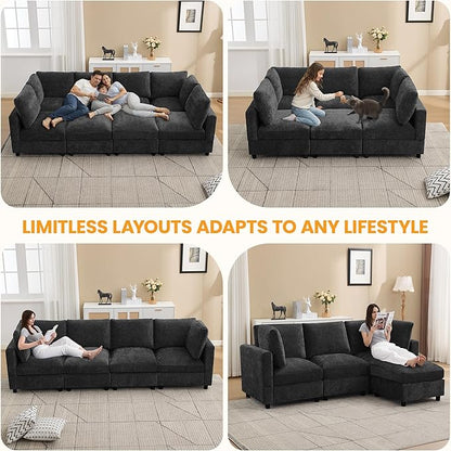 116'' 4-Seater Modular Sectional Cloud Sofa with 2 Ottomans, U-Shaped Couch for Living Room, Modern Deep Seat Sofa with Soft Back Cushions, Chenille Dark Grey