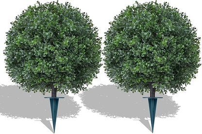 Artificial 23" Boxwood Topiary Trees with Ground Spike,2 Pieces Fake Pine Shrubs Bushes, UV Resistant Faux Evergreen Cypress Tree Plants for Indoor Outdoor Planters Front Porch