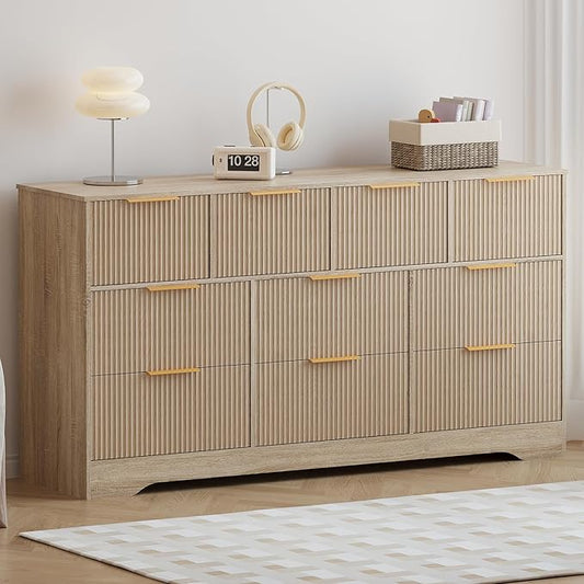 GarveeHome Fluted Dresser for Bedroom with 10 Drawers, 59" Wide Modern Chest of Drawers with Wood Frame, Dresser TV Stand Wooden Closet Clothes Storage Organizer for Living Room, Hallway