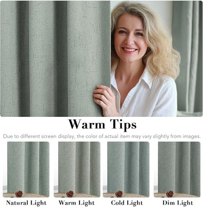 H.VERSAILTEX Bedroom Curtains Blackout Linen Blackout Curtains 84 Inches Long, 100% Blackout Thermal Textured Linen Look Curtain Draperies Grommet with White Liner, 2 Panels, Green Bay