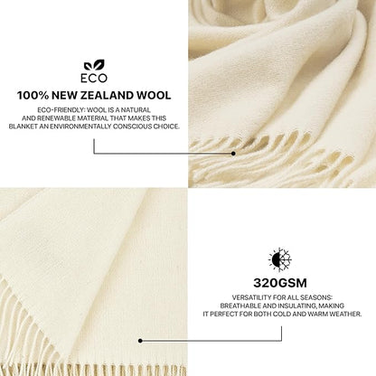 | Wool Blanket/Throw | 100% New Zealand Wool | Perfect for Home and Outdoors | Virgin Wool Throw with Fringes 67"x79" (170 x 200 cm)