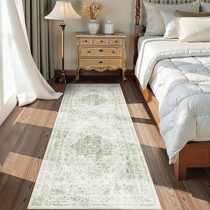 2x6 Hallway Washable Runner Rug Vintage Non-Slip Soft Kitchen Mat Boho Medallion Distressed Farmhouse Carpet Floral Low Pile Indoor Throw Rug for Entryway Bathroom Living Room Bedroom, Green