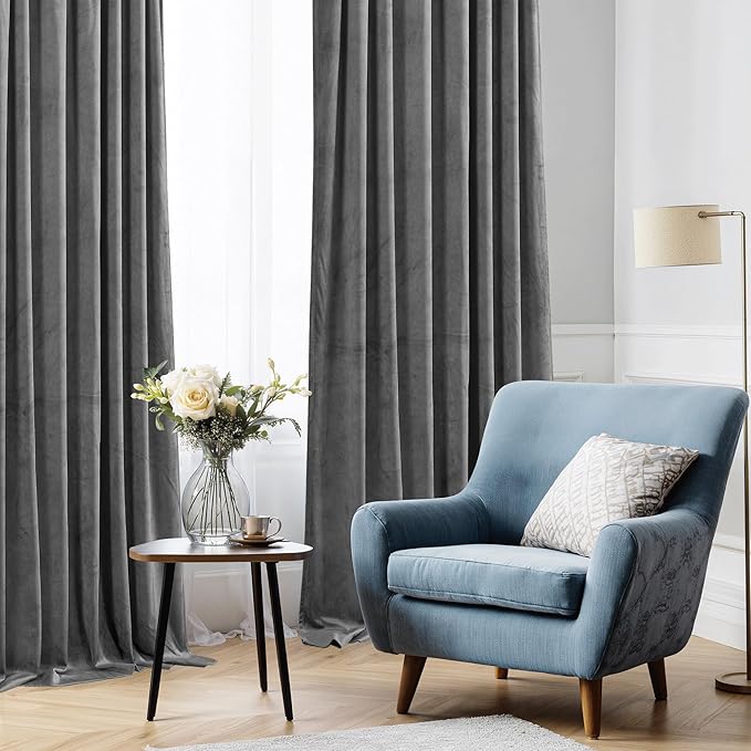 StangH Super Soft Thick Thermal Insulated Velvet Curtains Rod Pocket Room Darkening Privacy Window Treatment Drapes Short Curtains for Bedroom/Dining Room, Grey, W52 x L72, 2 Panels