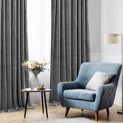 StangH Super Soft Thick Thermal Insulated Velvet Curtains Rod Pocket Room Darkening Privacy Window Treatment Drapes Short Curtains for Bedroom/Dining Room, Grey, W52 x L72, 2 Panels