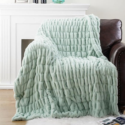 BATTILO HOME Faux Fur Throw Blanket for Couch, Super Soft Cozy Blanket, Double Side Ruched Rabbit Fur Blanket for Bed, Living Room, 60"x80", Sage Green