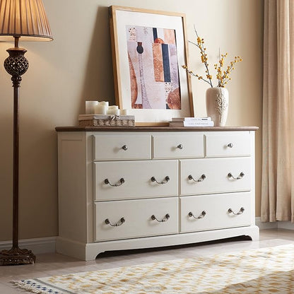 T4TREAM 7 Drawers Dresser Chests for Bedroom, Wood Vintage Chests of Drawers, Rustic Dressers Chset Organizer for Bedroom, Living Room, Hallway, Antique White