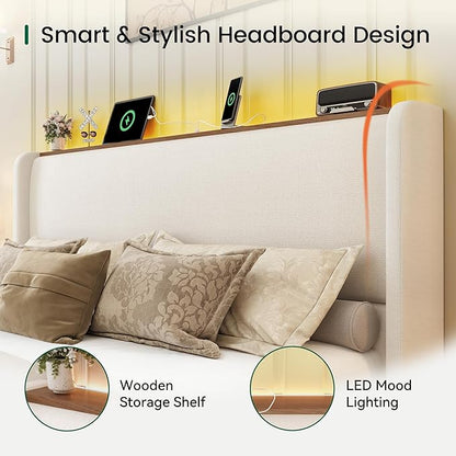 LARMACE King Size Bed Frame with LED Lights and Charging Station Linen Upholstered Platform Bed Frame with 51.2" Tall Wingback Headboard and Storage Shelf, No Box Spring Needed, Easy Assembly, Beige