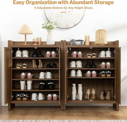 SICOTAS Shoe Cabinet Set of 2, Large Capacity Shoe Storage Organizer Cabinet, Tall Rattan Shoe Cabinet with Doors and Shelves, 6-Tier Farmhouse Boho Wooden Storage Cabinet for Entryway Hallway