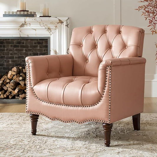 HULALA HOME Mid Century Modern Leather Club Chairs, Top-Grain Genuine Leather Armchairs with Button-Tufted Back & Solid Wood Legs, Accent Chairs for Living Room/Bedroom/Home Office, Pink