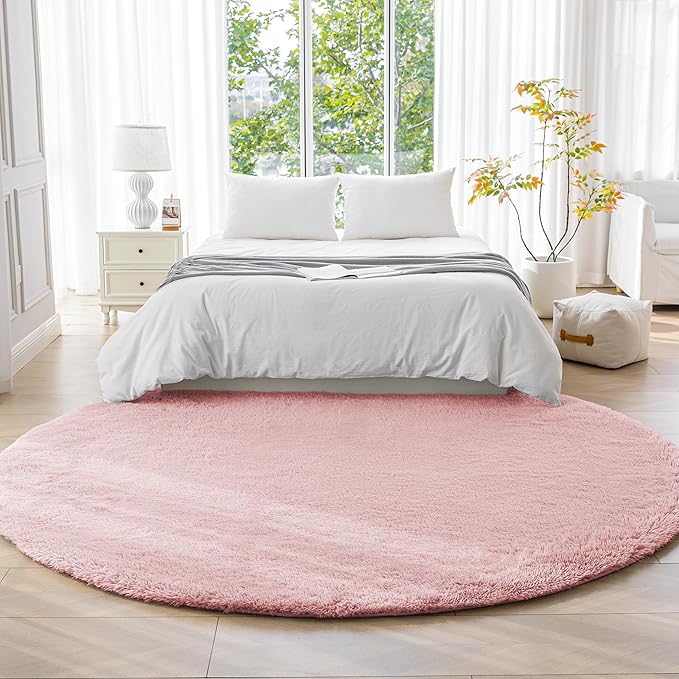 Amazon Basics Fluffy Washable Round Area Rug, Circle Shaggy Carpet for Living Room, Bedroom, Nursery, 7'R, Pink