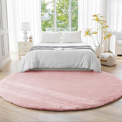 Amazon Basics Fluffy Washable Round Area Rug, Circle Shaggy Carpet for Living Room, Bedroom, Nursery, 7'R, Pink