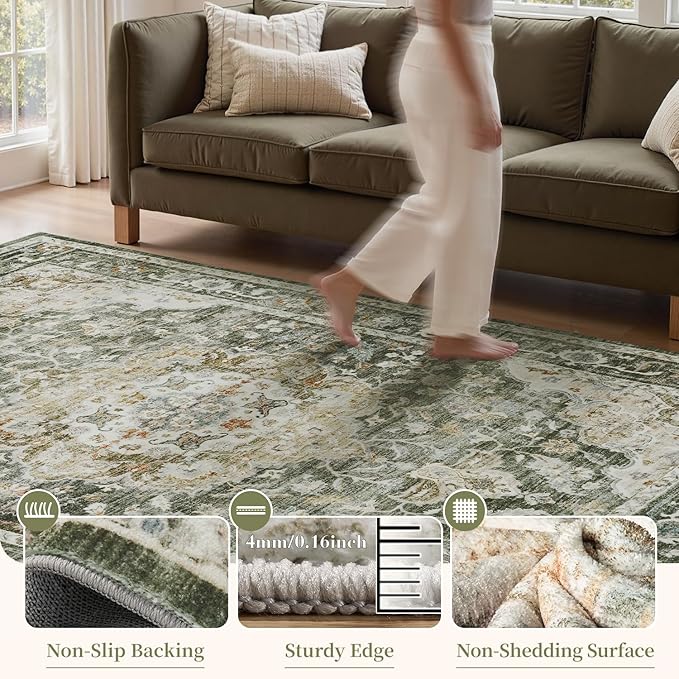 PADOOR 6X9 Area Rug,Rugs for Living Room,Soft Olive Rugs for Bedroom,Machine Washable Rug Non Slip Carpet for Dining Room Living Room Bedside Office