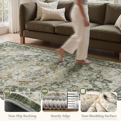 PADOOR 5X7 Area Rug,Rugs for Living Room,Soft Olive Rugs for Bedroom,Machine Washable Rug Non Slip Carpet for Dining Room Living Room Bedside Office