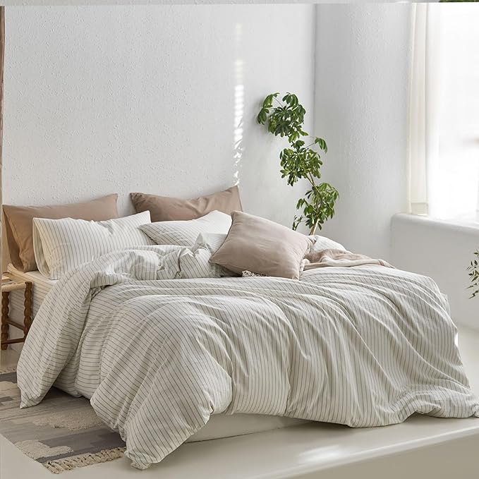 MooMee Striped Duvet Cover Set 100% Washed Cotton Linen Like Textured Breathable Durable Soft Comfy (White Sage Green Wide Stripes, Queen 90"x90")