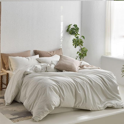 MooMee Striped Duvet Cover Set 100% Washed Cotton Linen Like Textured Breathable Durable Soft Comfy (White Sage Green Wide Stripes, Super King 108"x98")