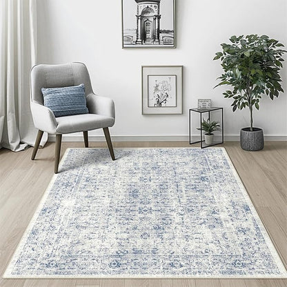 vivorug 9x12 Area Rugs for Living Room, Non Slip Machine Washable Vintage Rug, Ultra-Thin Lightweight Large Area Rug for Bedroom, Dining Room, Low Pile Blue