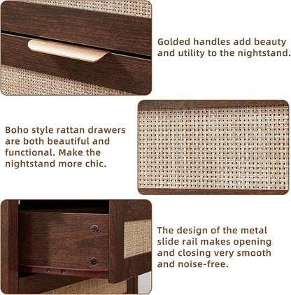 LEYAOYAO 31.5" Wide Rattan Night Stand, Large Boho Nightstand, Bedside Table with Storage, Tall Bed Side End Tables, Chest of Drawers for Bedroom, Living Room, Hallway（Walnut,2 Drawers with Charger,2）