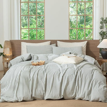 MooMee Striped Duvet Cover Set 100% Washed Cotton Linen Like Textured Breathable Durable Soft Comfy (Heathered Green Classic Stripes, Palatial King/Oversized King 120"x98")