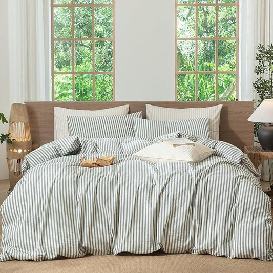 MooMee Striped Duvet Cover Set 100% Washed Cotton Linen Like Textured Breathable Durable Soft Comfy (Heathered Green Classic Stripes, Queen 90"x90")