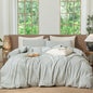 MooMee Striped Duvet Cover Set 100% Washed Cotton Linen Like Textured Breathable Durable Soft Comfy (Heathered Green Classic Stripes, Queen 90"x90")