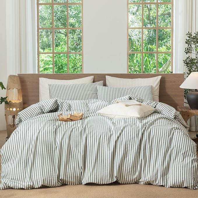 MooMee Striped Duvet Cover Set 100% Washed Cotton Linen Like Textured Breathable Durable Soft Comfy (Heathered Green Classic Stripes, Alaska King 132"x120")