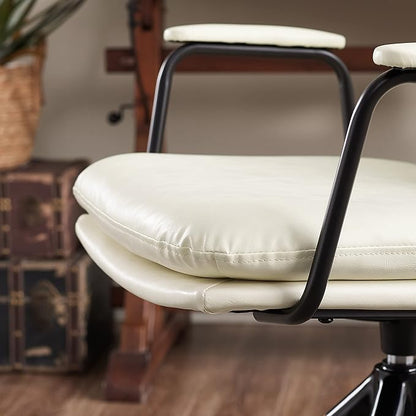 Art Leon Mid Century Modern Chair, Oak Legs Swivel Accent Chair No Wheels, Faux Leather Armchair for Small Spaces Home Office Living Room Bedroom, Off White