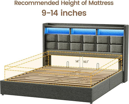 Lift Up Queen Bed Frame with Storage, Upholstered Bed Frame Queen Size with LED Lights Headboard and Charging Station, No Box Spring Needed, Easy Assembly - Dark Grey