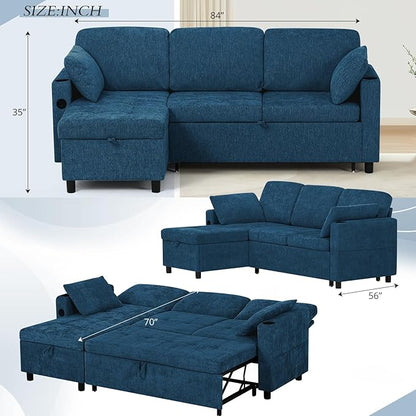 84" Chenille Pull Out Sofa Bed w/Adjustable Backrest, L-Shape Modern Sleeper Sofa w/Reversible Chaise, Upholstered Sectional Couch w/USB Port and Side Pockets for Living Room, House, Blue